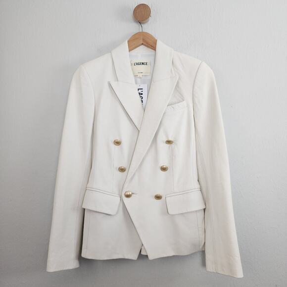 L'Agence Kenzie Lambskin Leather Double Breasted Blazer White Gold 2 NWT - Picture 3 of 16